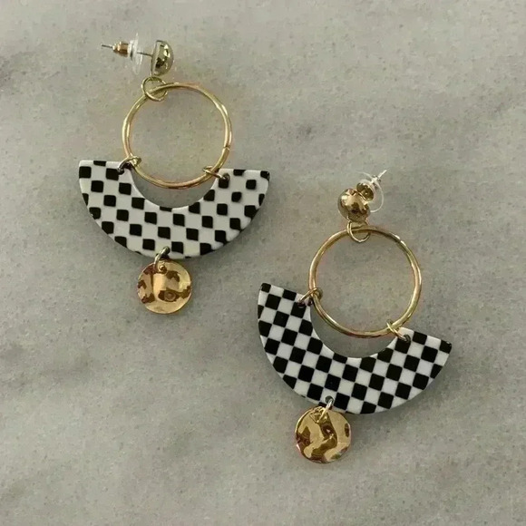 Modest Lu Jewelry - Gold Acrylic Black White Check Earrings